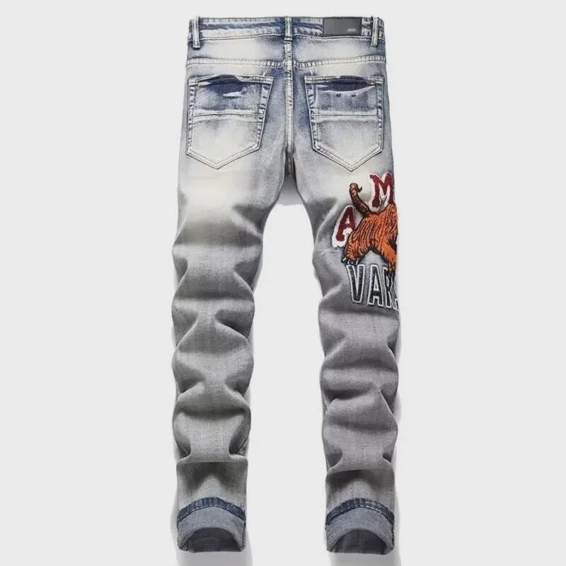 Retro Blue Slim-Fit Men's Jeans with Tiger Embroidered Badge