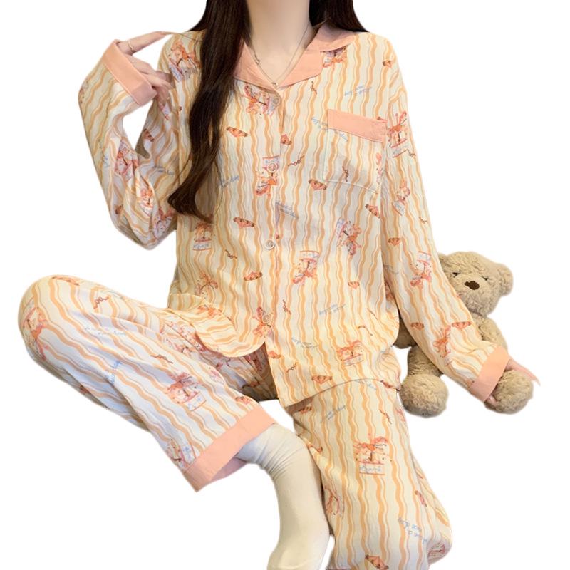 Striped Cotton Pajama Set: Long Sleeve, Color Block, Turn-Down Collar for Autumn/Spring