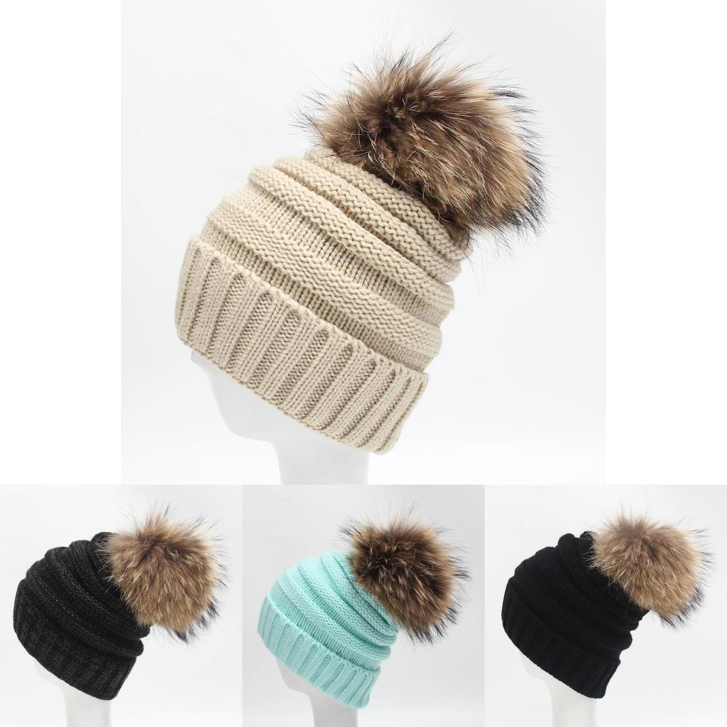 Unisex Knitted Beanie With Thickened Wool Pompom Striped Design For Winter Outdoor Warmth