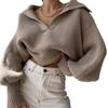Women Knitting Tops Lapel V-Neck Long Sleeve Solid Color Sweater Loose Fit Warm Knitting Tops Knitwear