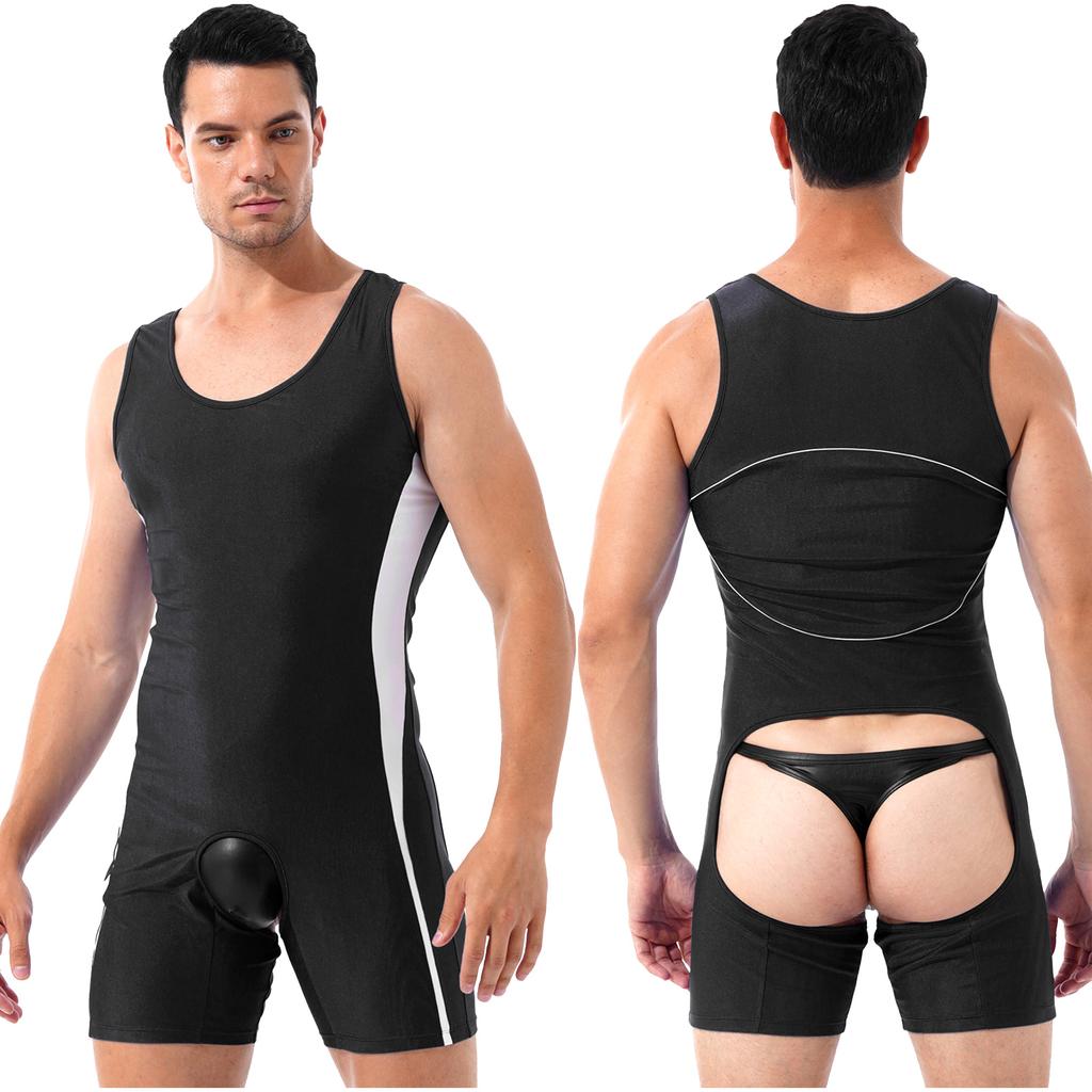 Sexy Mens Lingerie Open Crotchless Bodycon Bodysuit Male Body Shaper One-piece Open Butt Jumpsuit Wrestling Singlet Nightwear
