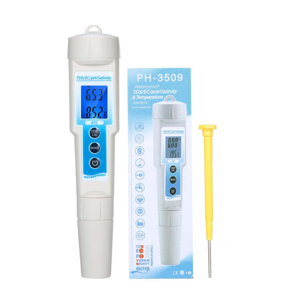 5 in 1 PH Meter Waterproof Multifunctional TDS EC pH Salinity Temperature Meter Water Quality Tester Blue Backlight LCD