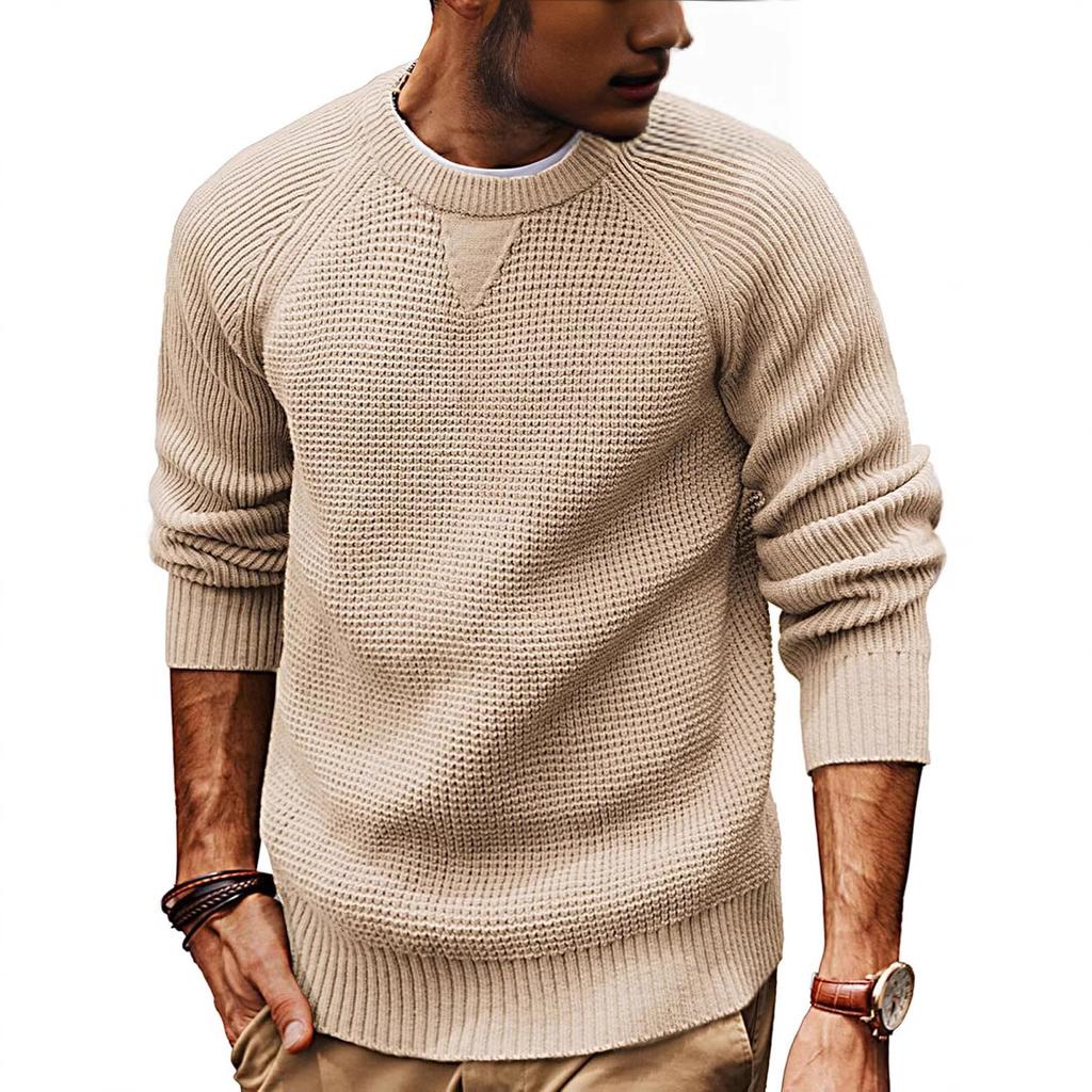 Herren Waffelstrickpullover Rundhals Langarm Strukturierter Pullover Freizeitpullover