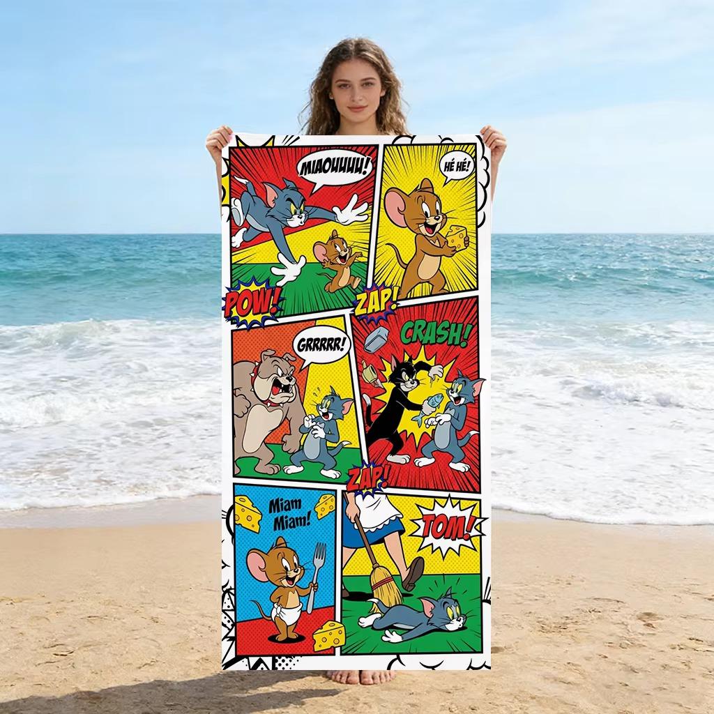 Tom&Jerry Cartoon Bath Beach Towel Soft Microfiber Flat Print Absorbent for Pool Camping Beach Travel Swimming Gift