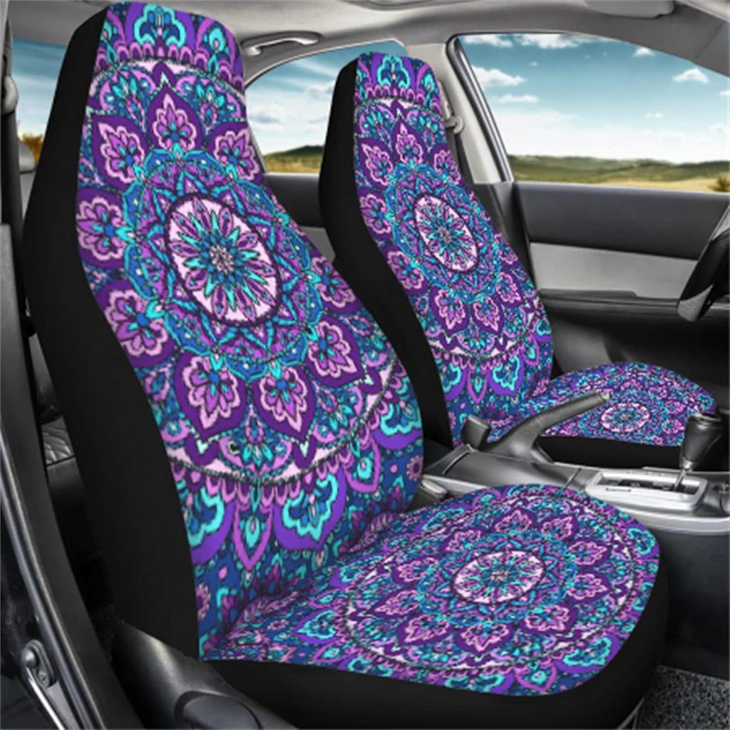 INSTANTARTS 2 PCS Mandala Car Seat Covers Boho Lotus Print Front Auto Seat Cover,Car Bucket Seats Protector Covers Universal fit for SUV Sedan Van
