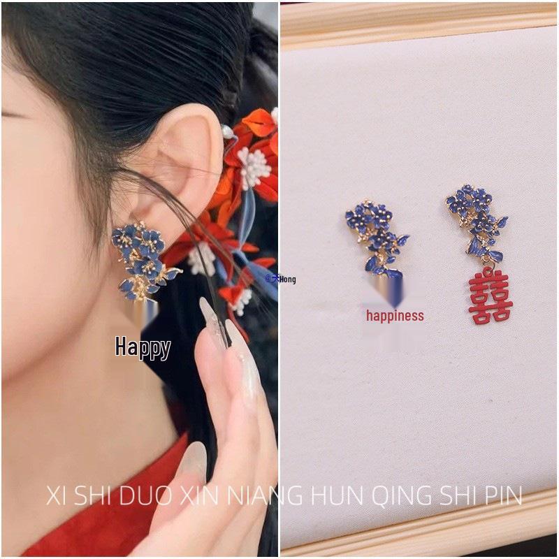 Red Cloisonné Flower Earrings: Elegant Chinese Wedding Qipao Style with Double Happiness Design