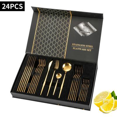 Conjunto de louças de ouro 24 peças, conjunto de talheres de aço inoxidável, faca, garfo, colher, conjunto de talheres de luxo, talheres de cozinha, laváveis na máquina de lavar louça