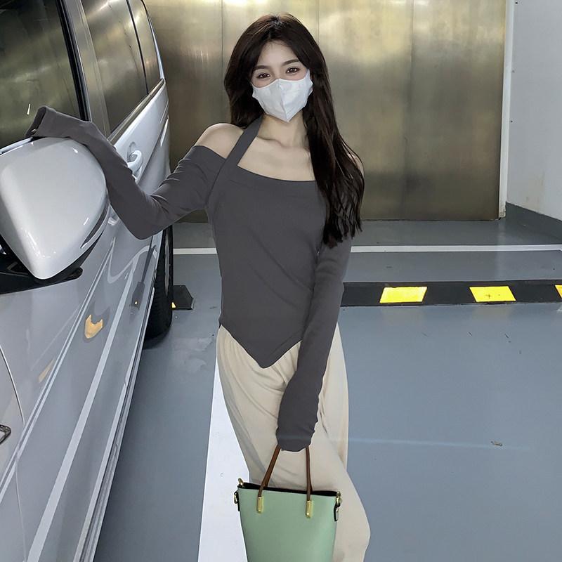 

Футболка с длинными рукавами и вырезом на плече, одно слово, женская, ранняя осенняя, новинка Spice Girl с короткими рукавами, студенческий топ XXL темно-серого