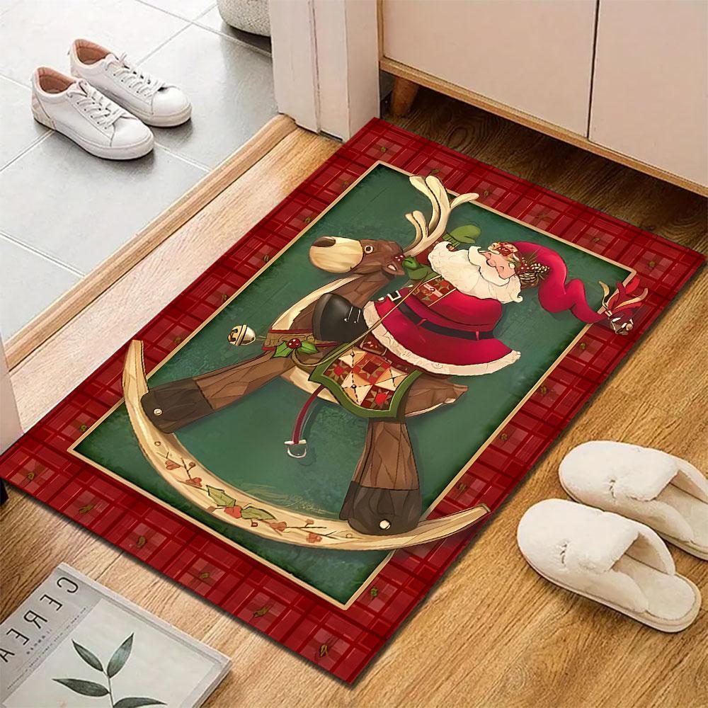 Santa On Rocking Reindeer Art Rug Patterned Carpet, Suitable As a Non Slip Play Mat for the Living Room and Bedroom Sofa