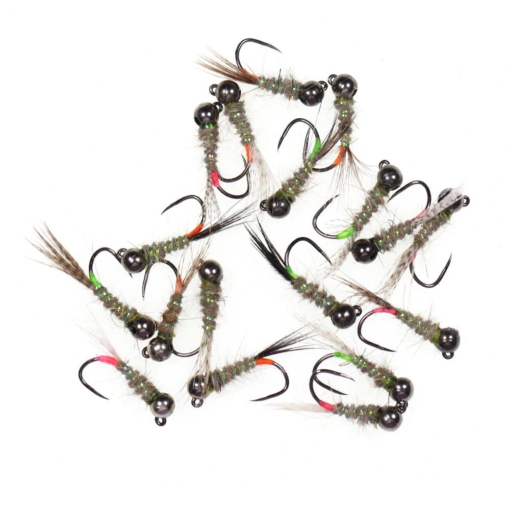 Bimoo 6pcs Black Tungsten Head Fluorescent Orange Pink Green Jig Fly Euro Nymph Perdigon Nymphs Fast Sinking Trout Fishing Lure