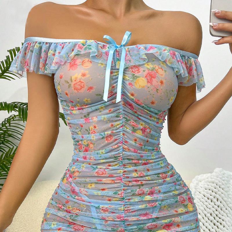 Rochie pliată cu un umăr, la modă și sexy pentru femei, rochie transparentă imprimată, care acoperă șoldul Fusta subțire sexy