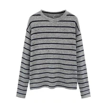 

Korean polished crew neck striped long-sleeved T-shirt women s autumn and winter loose knitted sweater niche inner bottom top s (recommended within 50kg ) серый