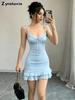 Cute Girl Blue Strappy Vest Dress Women Summer Slim Fit High Waist Ruffled Bodycon Mini Skirt