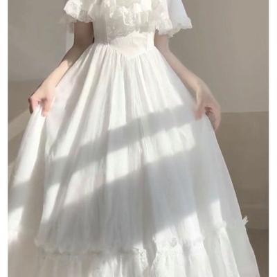 Gentle Style White Puff Sleeve Dress Vintage Women's Dress
