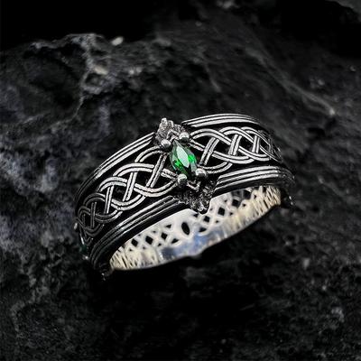 Retro Intertwined Totems Green Zircon Adjustable Open Ring Punk Gothic Jewelry Unisex Copper Gift