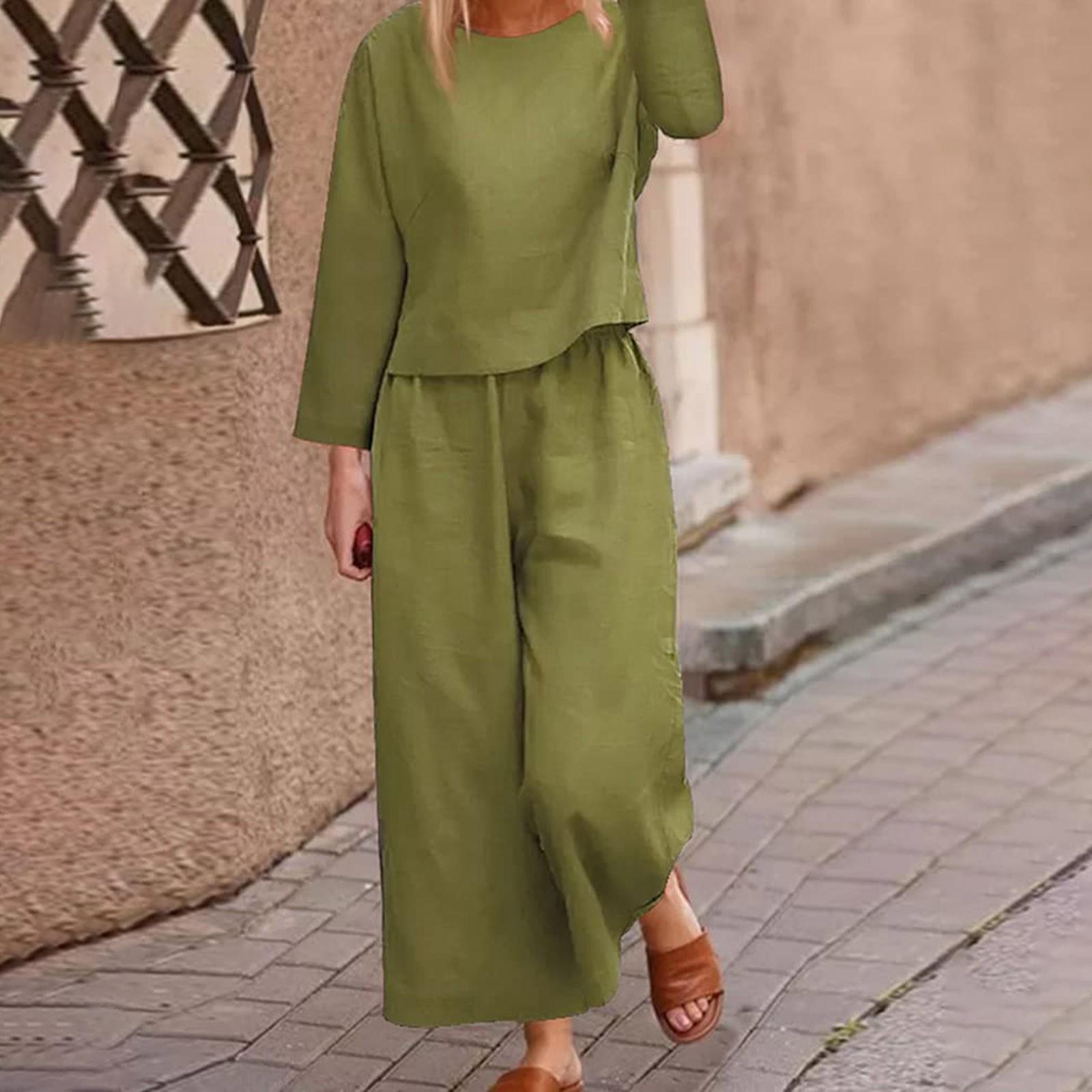

Женский льняной костюм-двойка Льняной костюм Брюки и рубашки с длинными рукавами Повседневный брючный костюм оверсайз Льняная блузка с круглым вырезом Свободные льняные брюки M зелёный