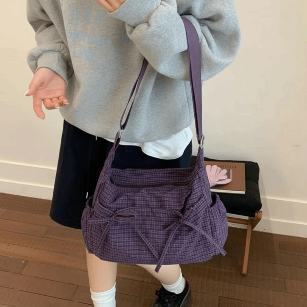 Multiple Pockets Nylon Shoulder Bag Grid Hobo Bag Sweet Bow Crossbody Bag  Outdoor