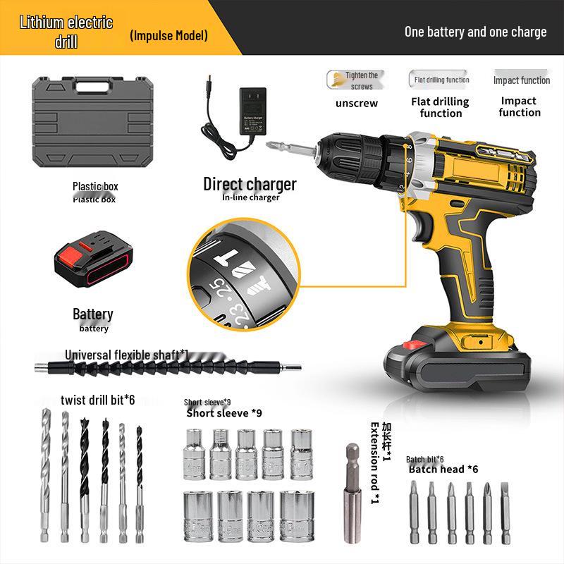Compact Brushless Electric Drill - Rechargeable Lithium Power, Multi-Function Pistol Tool for Household Use