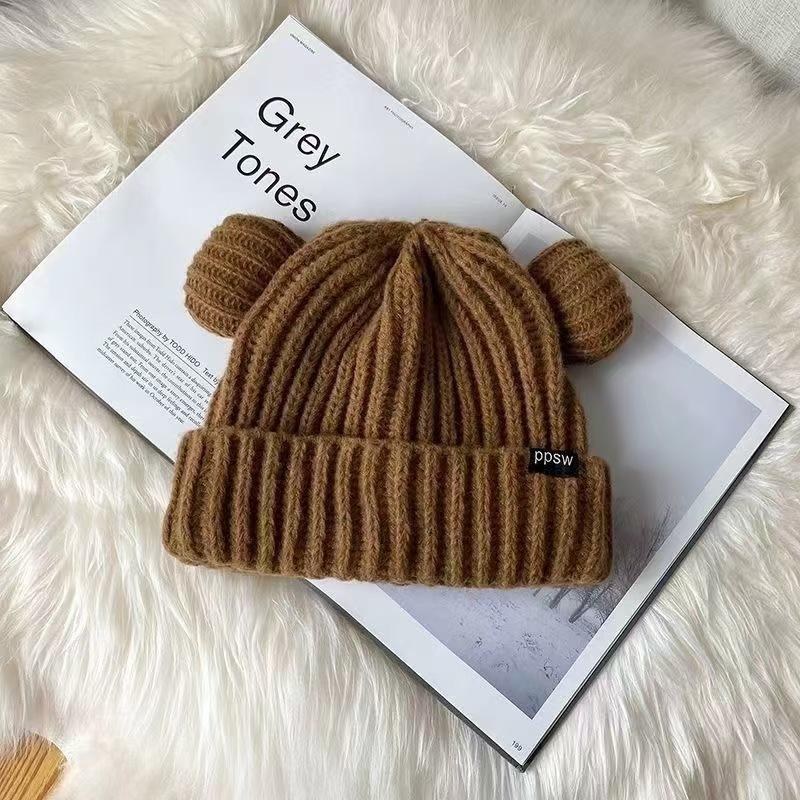 

Plush hat female autumn and winter bear earcap thermal hat versatile wool hat cute big head circumference showing face small ear protection knitted One size