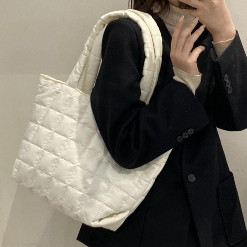 Solid Color Fashion Tote Bag Korean Style Quilted Handbag Cotton-padded Tote Bag  Daily Commute