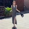 Summer Fashion Spice Girl Style Waist Strap Design Sense V-Neck Skinny Hips Split Sleeveless Dress Women