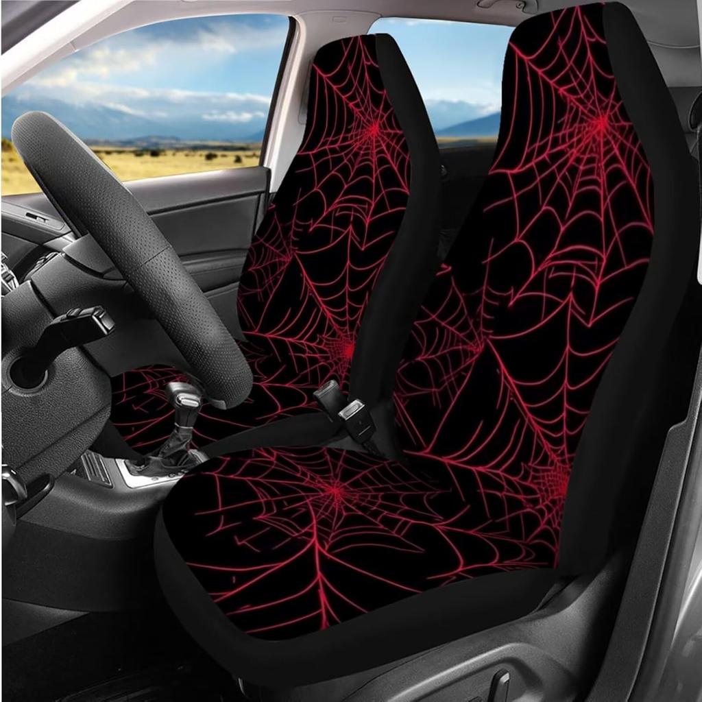 Red Spider Web Car Seat Covers with Steering Wheel Cover,Armrest Cushion,Seat Belt Covers Cup Holder with Keychain,Automotive Protector Set Unverisal
