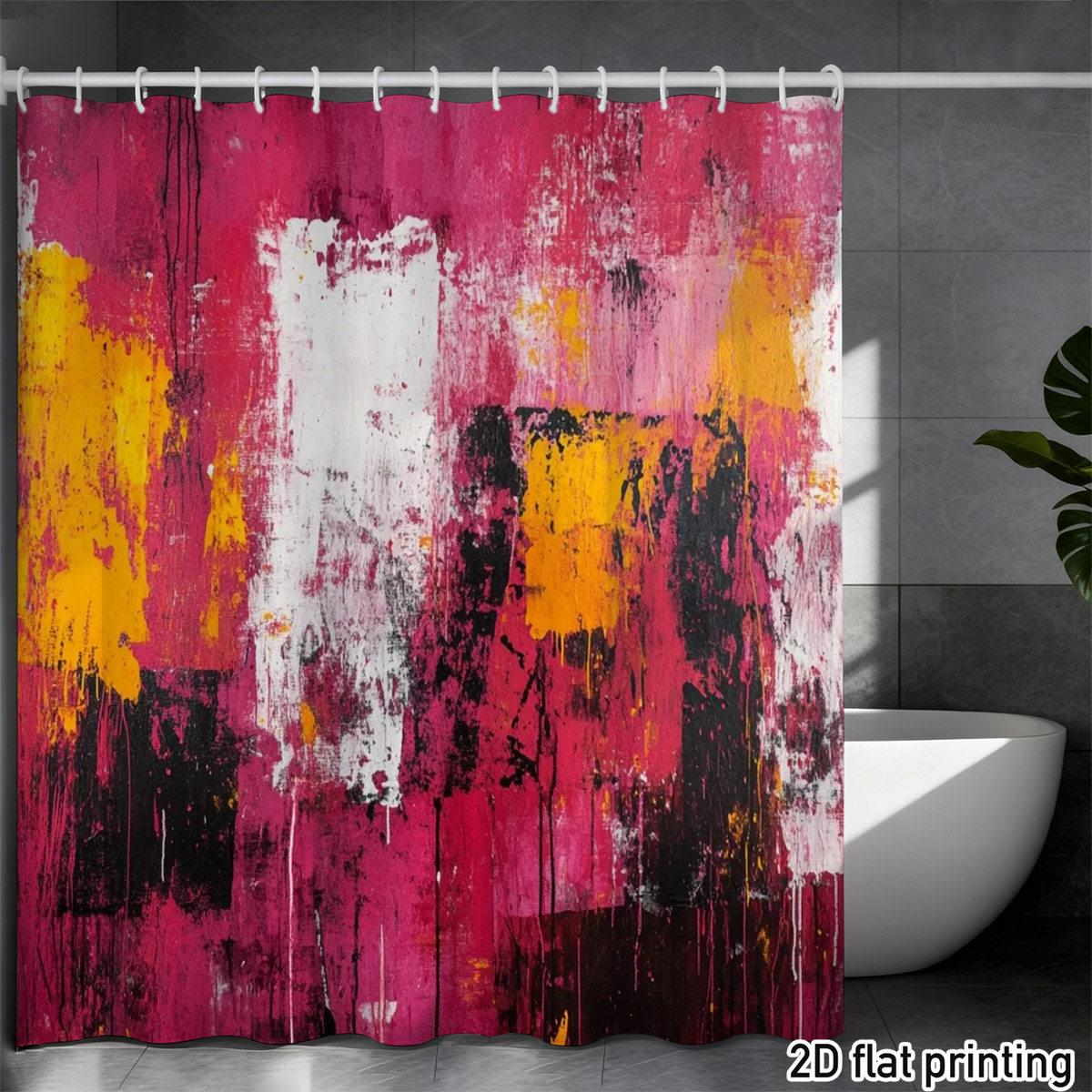 

Abstract Shower Curtain – Bold Pink, Yellow & Black Splatter Art With White Texture, Waterproof Polyester, Modern Bathroom Decor W60H190(CM)-1 Pcs
