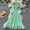 French retro red V-neck lantern sleeve bead dress, women's waist and thin temperament elegant and big swing dress