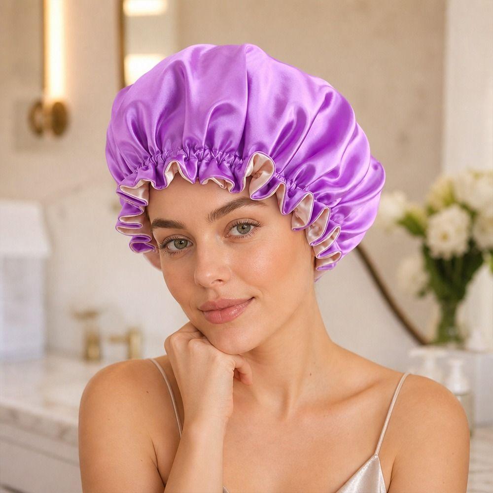Double Layer Shower Caps Reversible Wear Bath Hair Cap Soft Cosmetic Cap  Makeup Tool