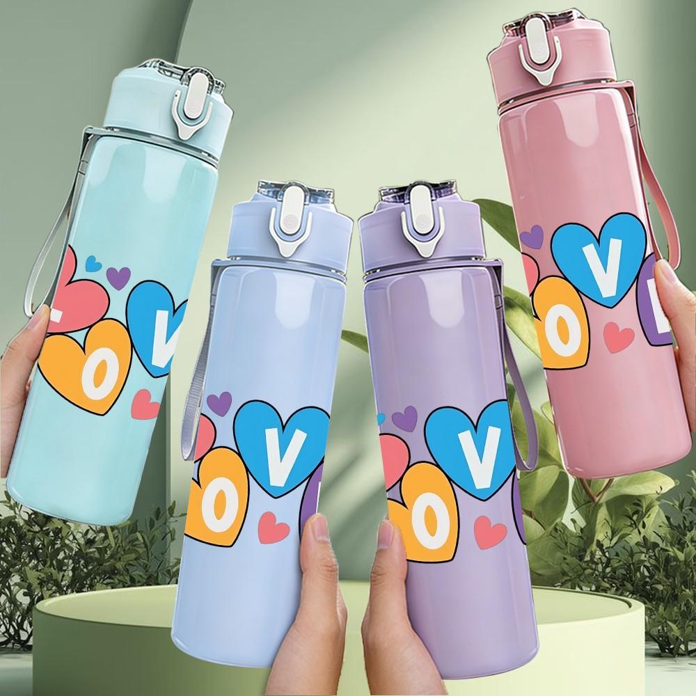 1PC Love Word Multicolor Heart Doodle Design 750ml Color Plastic Sports Water Bottle Leakproof Flip Straw Lid Suitable for Sports Office Home Use