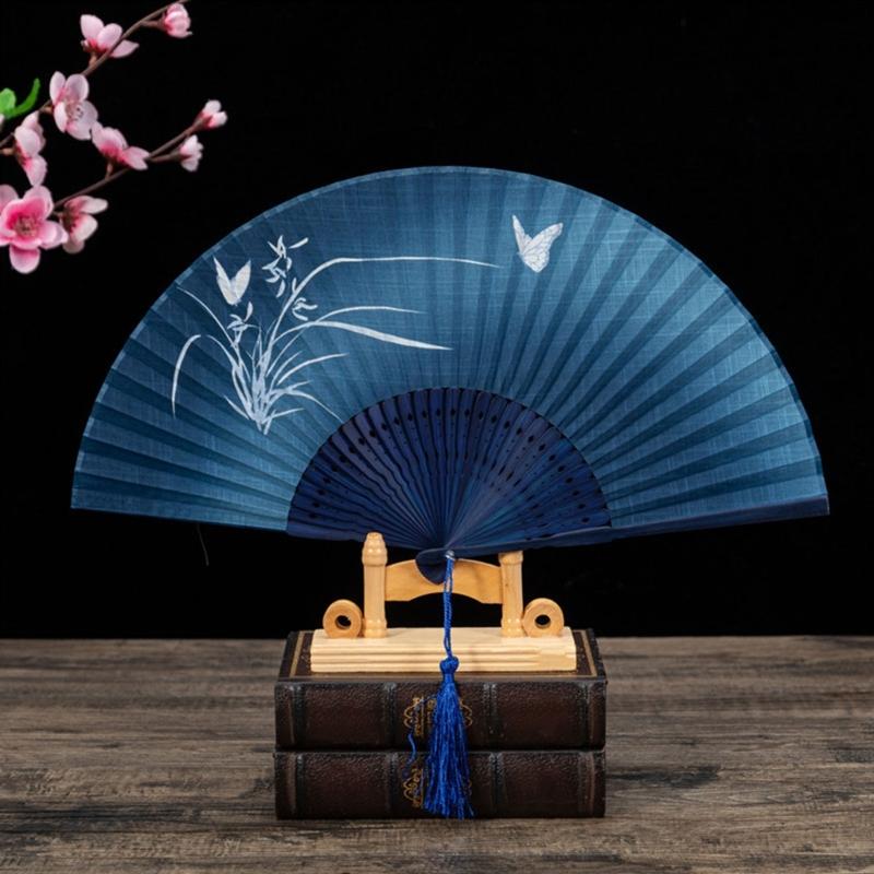Vintage Chinese Cheongsams Folding Fan with Butterfly Flower Pattern Wood and Cotton Linen Handheld Fan with Tassels
