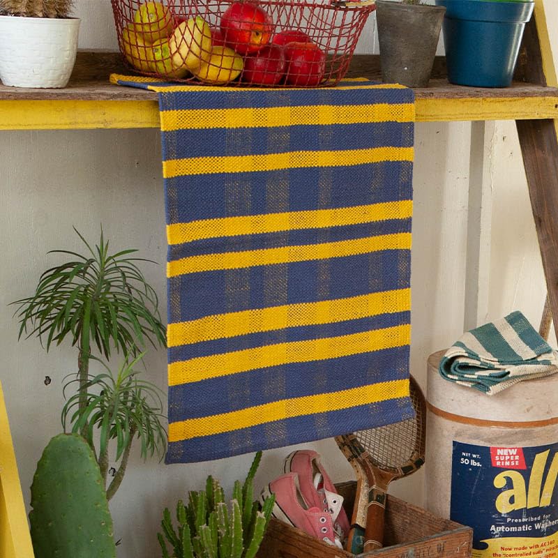 Dulton Cotton Handloom Mat 500 X 1200mm Cotton Washable Handwoven Rug Checkered Pattern Machine Washable Blue/Yellow 100% RN-0497-120BY