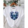 European Size Women's Blue Butterfly & Heart Print Short Sleeve T-Shirt - Round Neck Blouse, Medium-Stretch Fabric Suitable for Spring Summer Fall