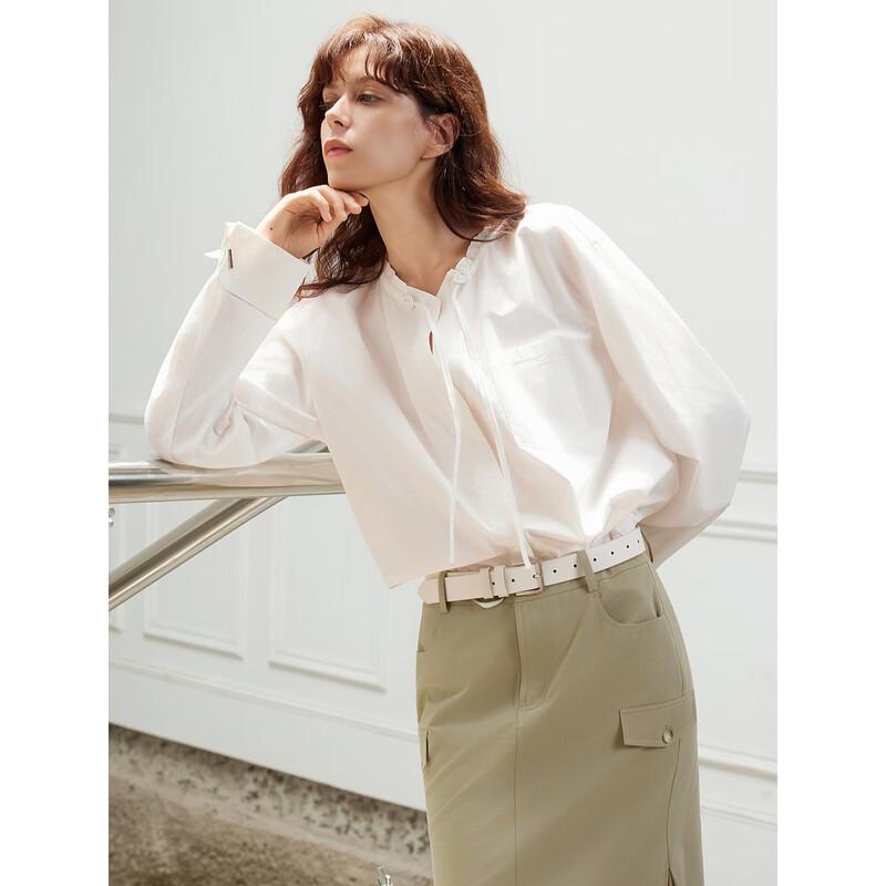 ELLE Women's French Style Pure Cotton Drawstring White Shirt