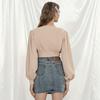 Ladies Elegant Blouse Lantern Long Sleeve Tops V Neck Crop Top Fashion Shirts Women Button Down Blouses