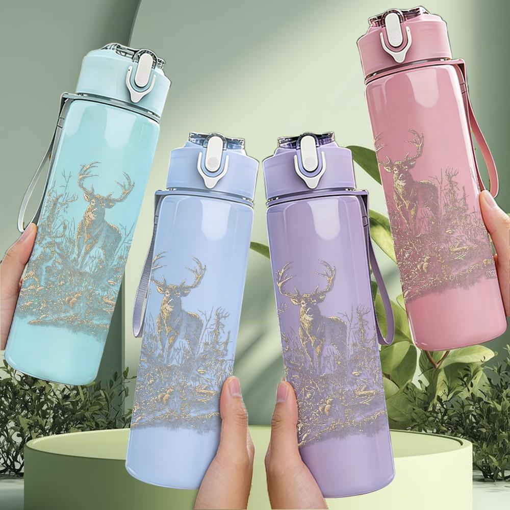 1PC Faint deer animal sketch print 750ml colorful plastic sports water bottle leakproof pop up lid with straw for outdoor work home use