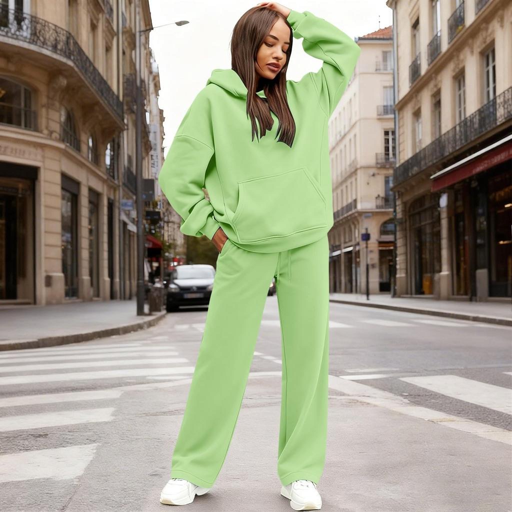 Dámská módní mikina s kapucí volného střihu s kapsami a souprava kalhot podšitých fleecem