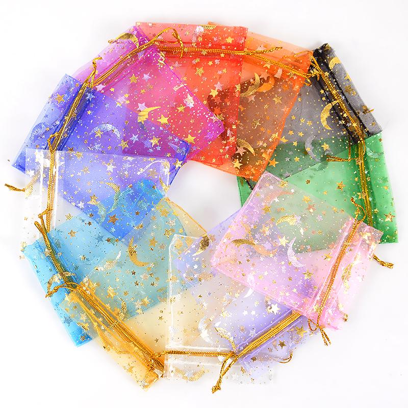 50Pcs Moon Star Drawstring Organza Bags Eid Mubarak Ramadan Candy Gift Packing Bag Jewelry Pouch Wedding Party Decoration Supply