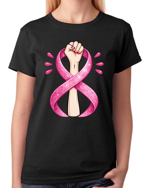 Cancer T-Shirt Pink Ribbon Power Fist Ladies T-Shirt Breast Cancer Awareness Tee S