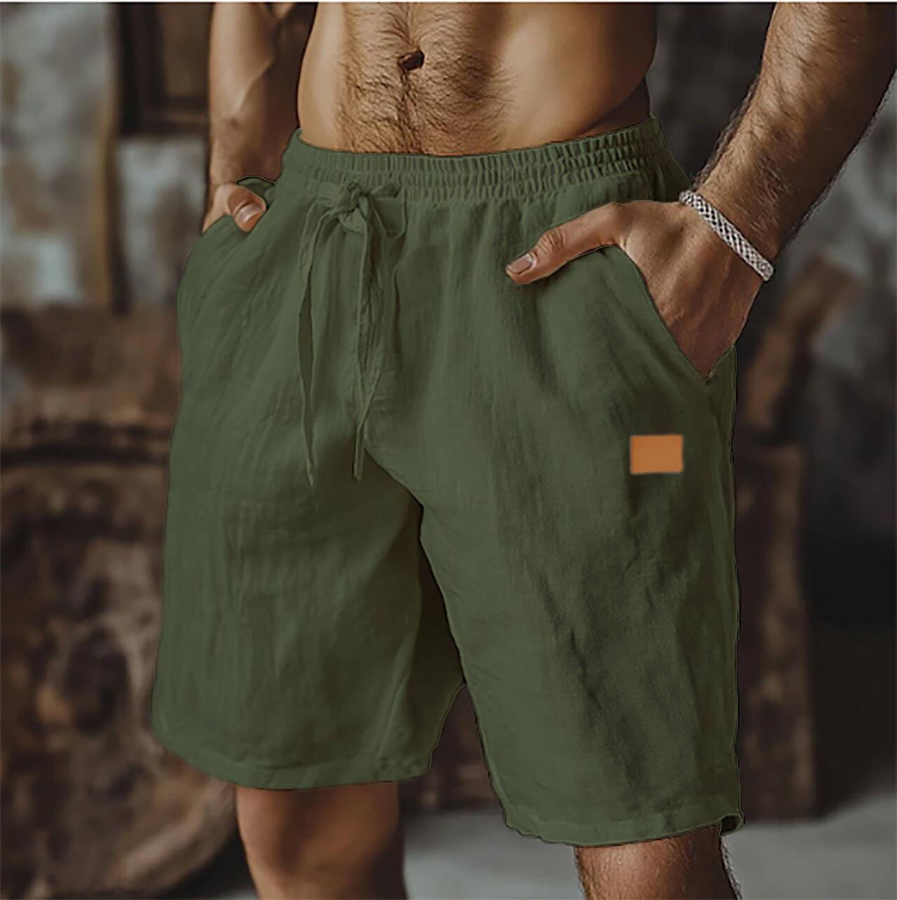 

2026 Cotton Linen Breathable Mid-Length Drawstring Shorts - Elastic Waist, Solid Color, Casual Straight Leg for Daily Wear or Beach Outings. S армия зеленый