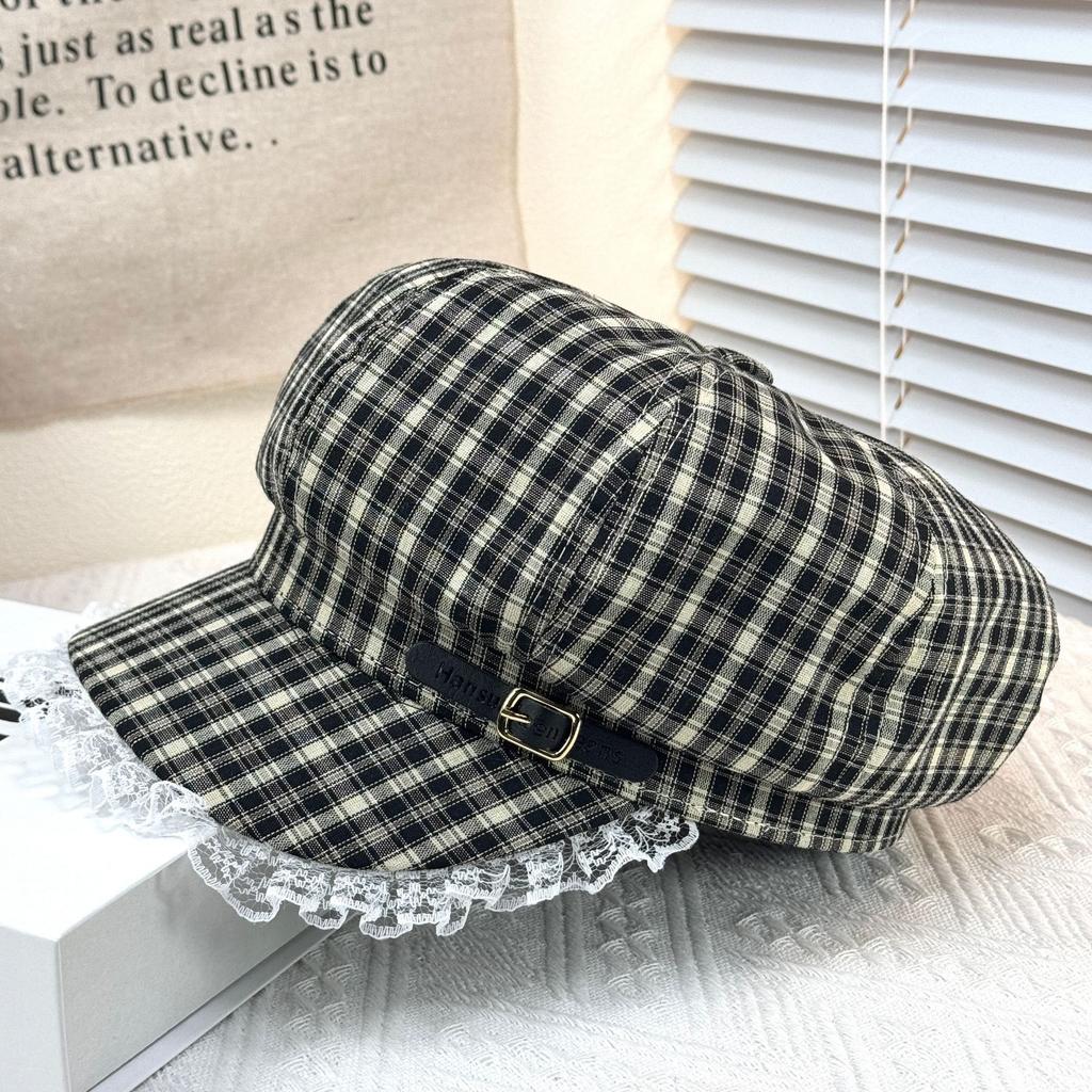 New Plaid Spring and Summer Plaid Japanese Designer Joint Plaid Lace Edge Beret Octagonal Hat Sweet Painting
