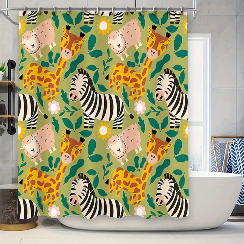 

Animal Print Shower Curtain Kids Bath Decor Green Yellow Black Striped Zebras Giraffes Sheep Home Decoration Bathroom Accessorie W60H190(CM)-1 Pcs