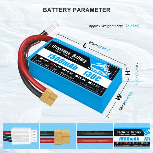 Yowoo 2-Pack Lipo Battery 3S 1500mAh 11.1V 130C XT60 Plug for Skylark M4-FPV250, Mini Shredder 200, INDY 250 PLUS, MOJO 280, QAV250, Vortex, Emax, Nig