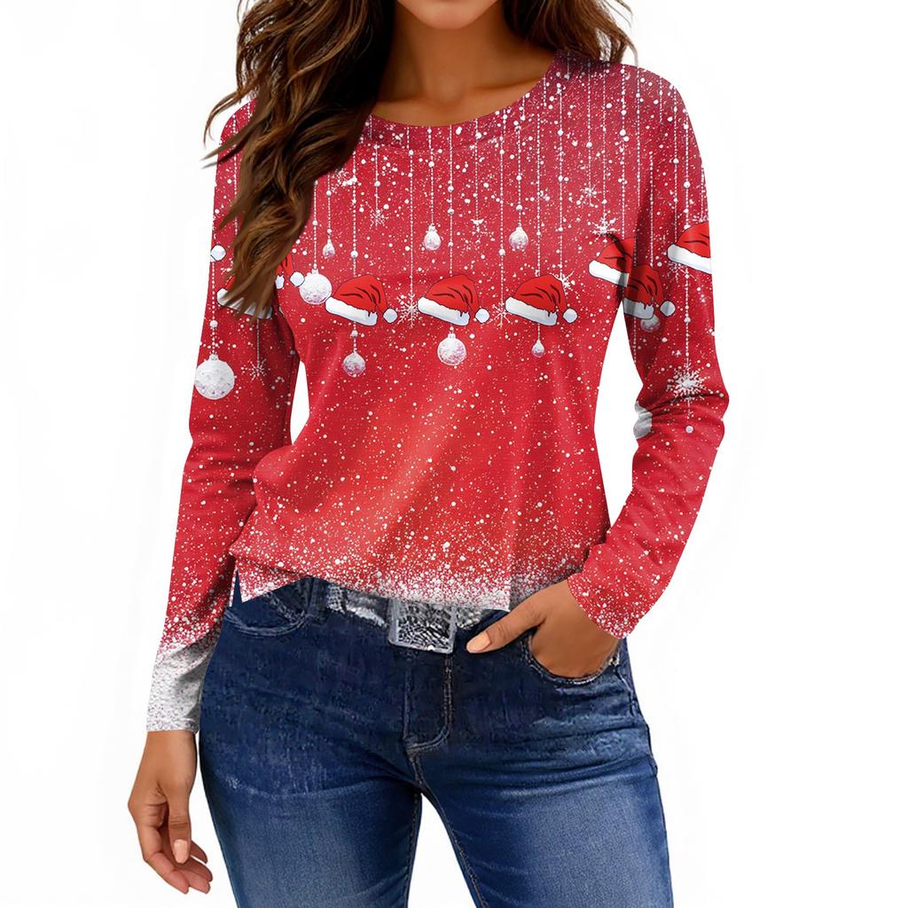 Women's Fashion Casual Slit Hem Round Neck Long Sleeve Loose Printed T-Shirt Ladies Top