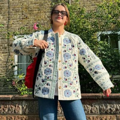 Women's Quilted Jacket Floral Printed Puffer Jacket Long Sleeve Round Neck Button Down Outerwear Coat with Belt