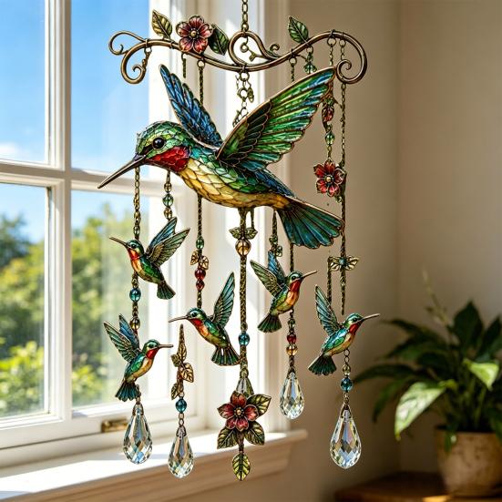 Carillons éoliens Colibri, avec Pendentifs en Cristal Carillons éoliens Métalliques d'Extérieur, Réflexion de la Lumière Arc-en-ciel Carillon éolien Durable pour la Décoration de Jardin et de Cour