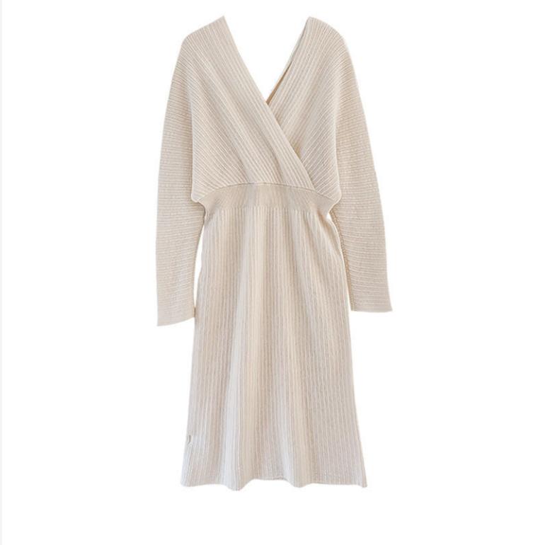 French Elegant V-neck Wool Dress, Celebrity Style, Thin In Autumn and Winter, Knitted Dress, Female