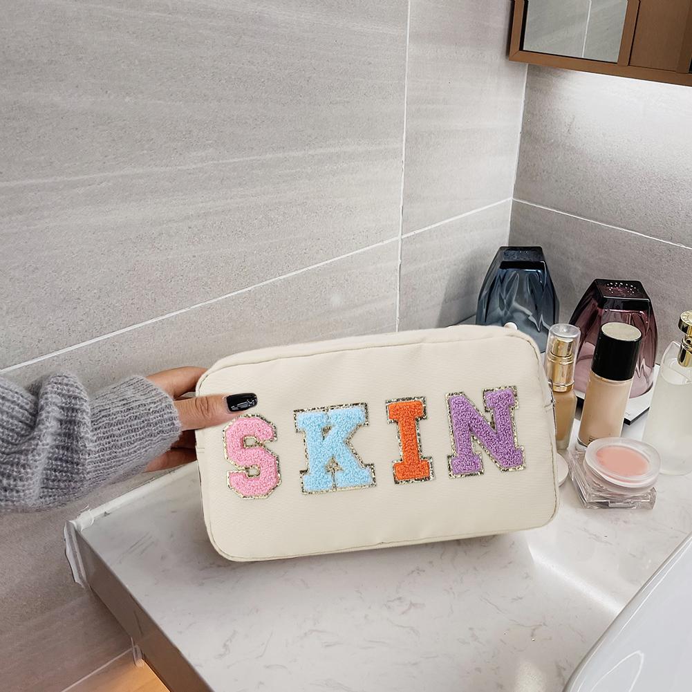 Casual Toiletry Bag Embroidery Letter Patch Travel Organizer Portable Zipper Female Cosmetic Bag Waterproof Nylon for Lady Girls