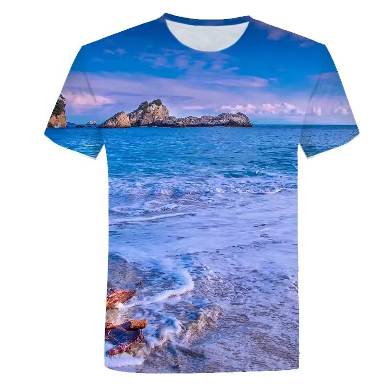 3D Printed Seaside Scenery T-Shirt Men Ocean Beach Pattern Tees Summer Harajuku Loose Round Neck Tops Short Sleeves T Shirts