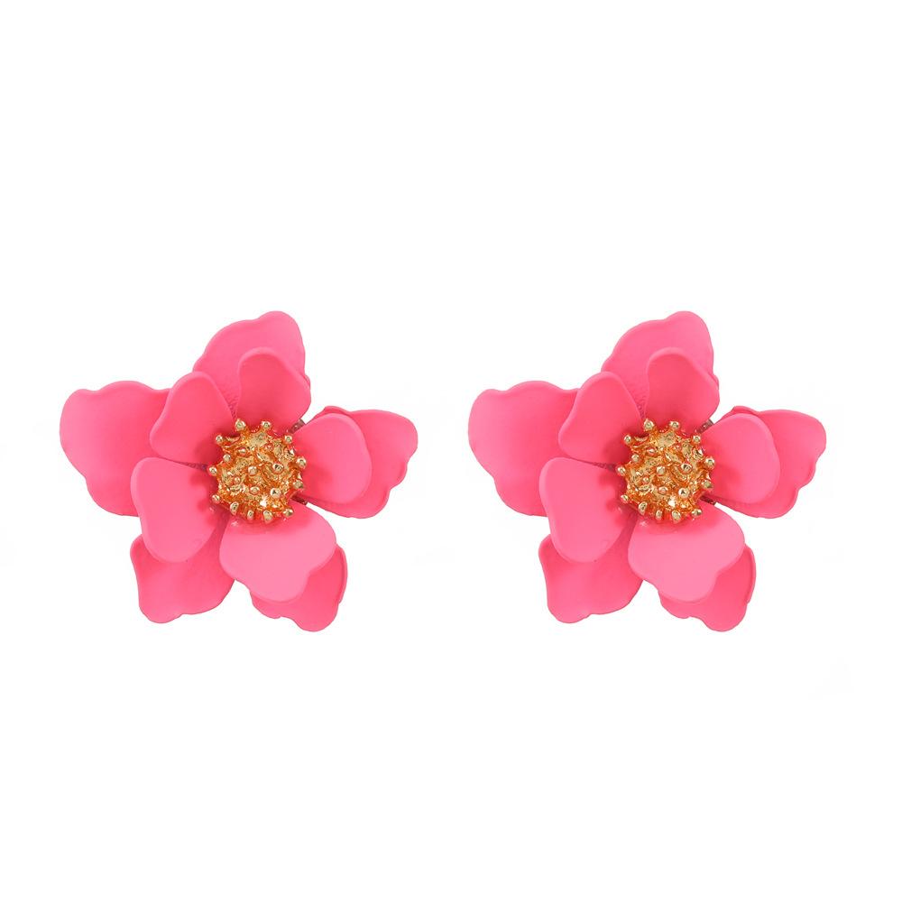Matte Pink Layered Flower Stud Earrings Sparkly Bead Center Three Dimensional Floral Ear Jewelry for Women Summer Daily Wear